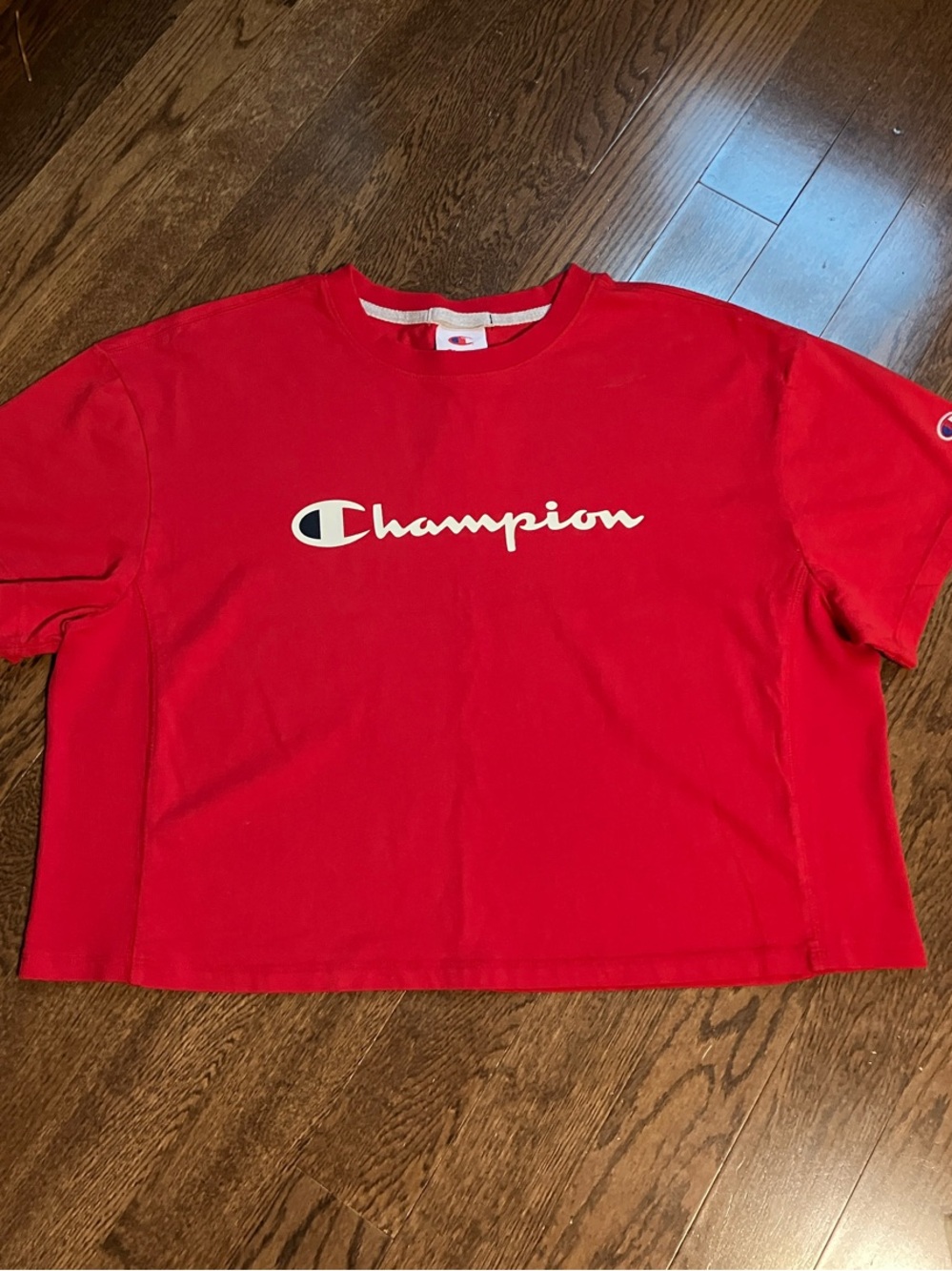Champion Women’s Red Logo Crop Tee W/ EOS 💯 Natural Lip Balm :)